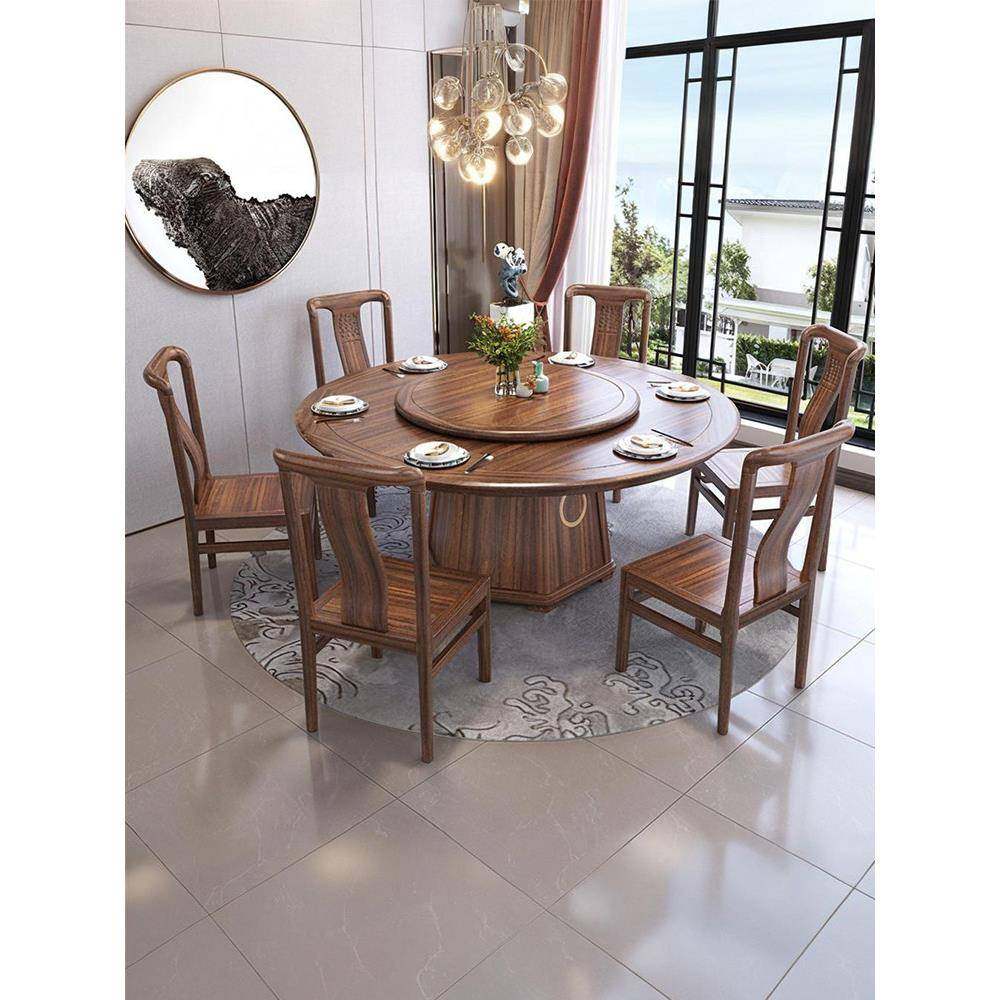 政府补贴黑胡桃木餐桌椅组合家用圆形饭桌新中式带转盘10人大圆桌,住宅家具,实木餐桌,淘宝优惠券,粉丝福利购,淘宝优惠卷