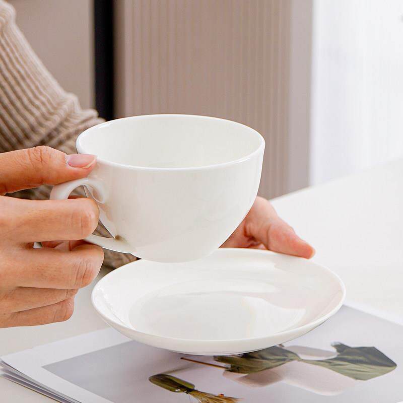 骨瓷纯白咖啡杯杯碟套装简约拿铁杯家用茶杯牛奶杯陶瓷早餐杯定制