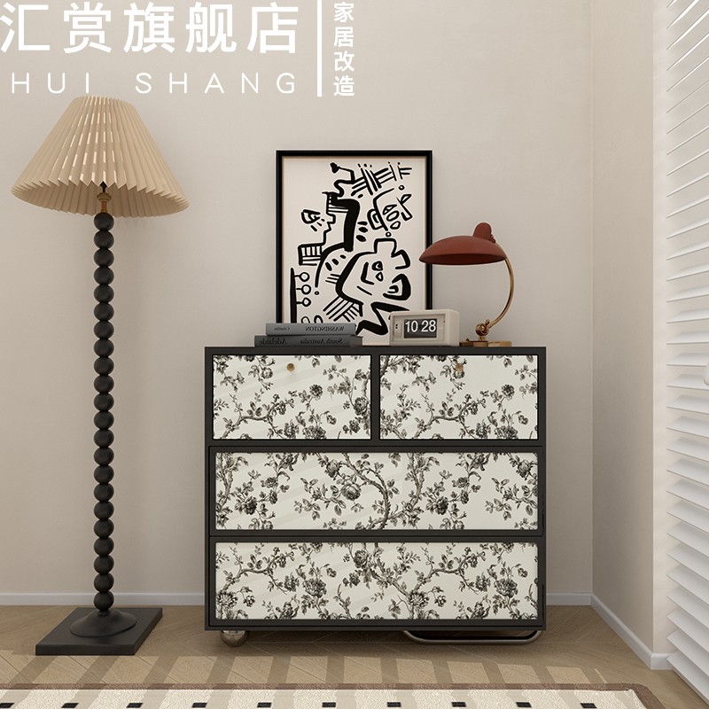 法式中古自粘墙纸防水防潮旧家具翻新贴纸橱柜门改造遮.丑复古壁