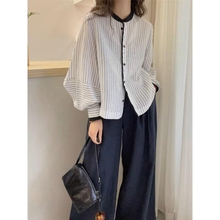 高级感轻奢长袖条纹衬衫2025夏新款大码女装胖mm薄款遮肉衬衣上衣