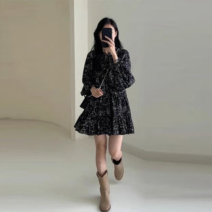 小个子气质超好看短裙 茶歇法式 黑色碎花连衣裙子女款 2025新款 春季