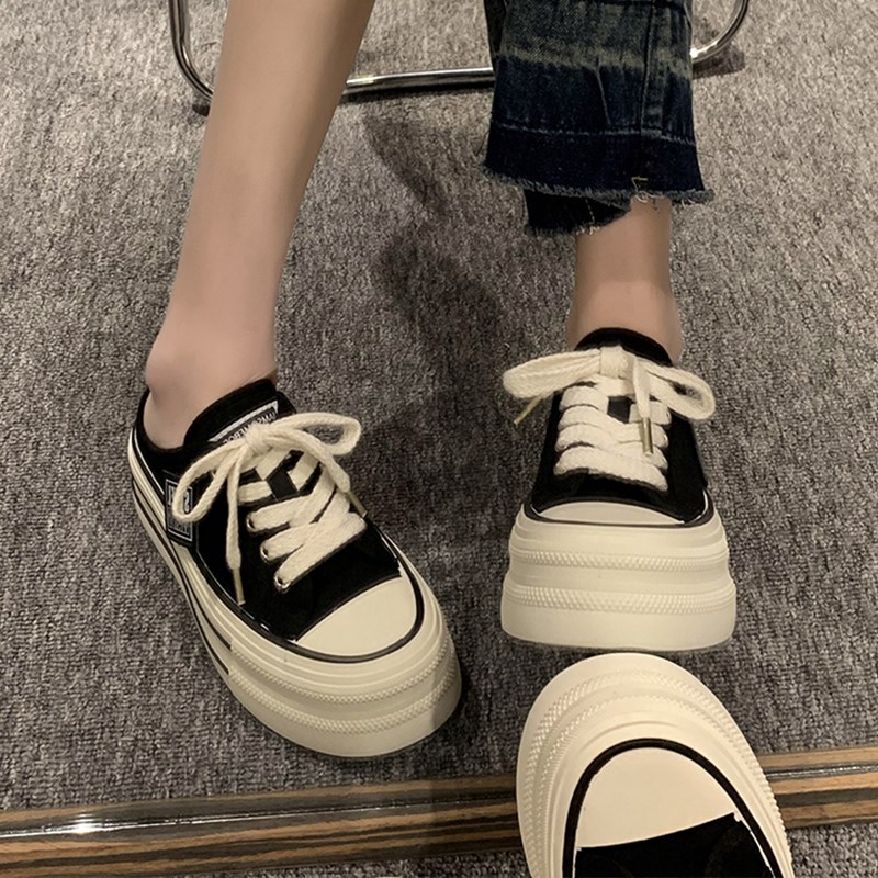 帆布半拖鞋女夏季外穿2r024新款网红爆款高级感厚底增高无后跟懒