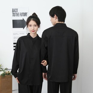 定制长袖 衬衣宽松西餐厅咖R啡馆奶茶工作服班 衬衫 印logo图案大码
