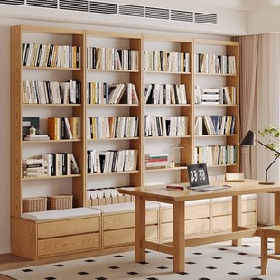 一体整墙到顶橡木原木色去客厅满墙展示柜全实木卡座书柜组合书架