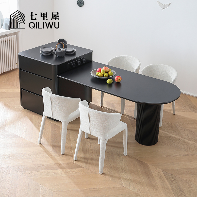 七里屋/法式复古风高端岛台餐桌一体家用可伸缩意式岩板餐桌导台