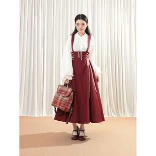 法式复古赫本高腰绑带背带裙宫廷风束腰系带长裙+灯笼袖衬衫套装