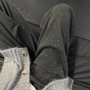 秋冬深灰色亮片针织阔腿糯米裤子大码女胖mm显瘦宽松慵懒风休闲裤