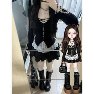 【黑曼巴】2025秋季辣妹轻亚穿搭两件套装女拼接假两件上衣+短裙