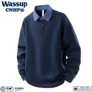 美式重磅大码POLO领卫衣男女款宽松假两件长袖T恤打底衫上衣潮