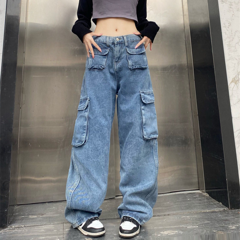 水洗长裤女生痞帅春秋多口袋复古阔腿牛仔裤休闲宽松情侣长裤高街,女装/女士精品,牛仔裤,淘宝优惠券,粉丝福利购,淘宝优惠卷
