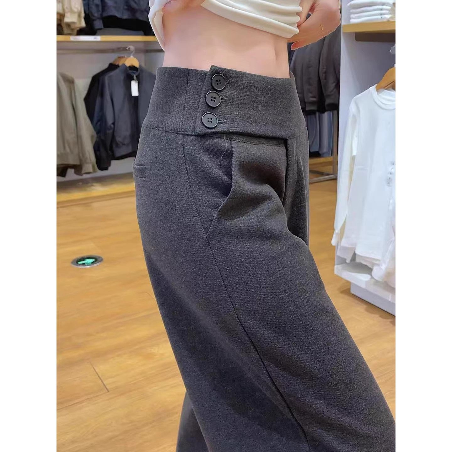深灰色毛呢纽扣阔腿西装裤女春秋低腰显瘦慵懒垂感休闲直筒拖地裤