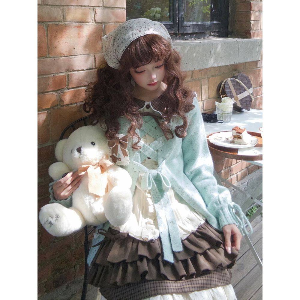 薄荷薄巧秋冬套装巧克力针织毛衣+衬衣+短裙三件套2025秋冬新款女