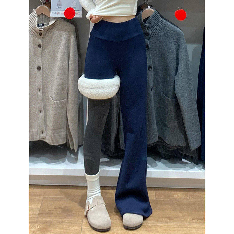 lulu藏青加绒微喇裤女秋冬加厚羊羔绒棉裤小个子运动瑜伽喇叭卫裤