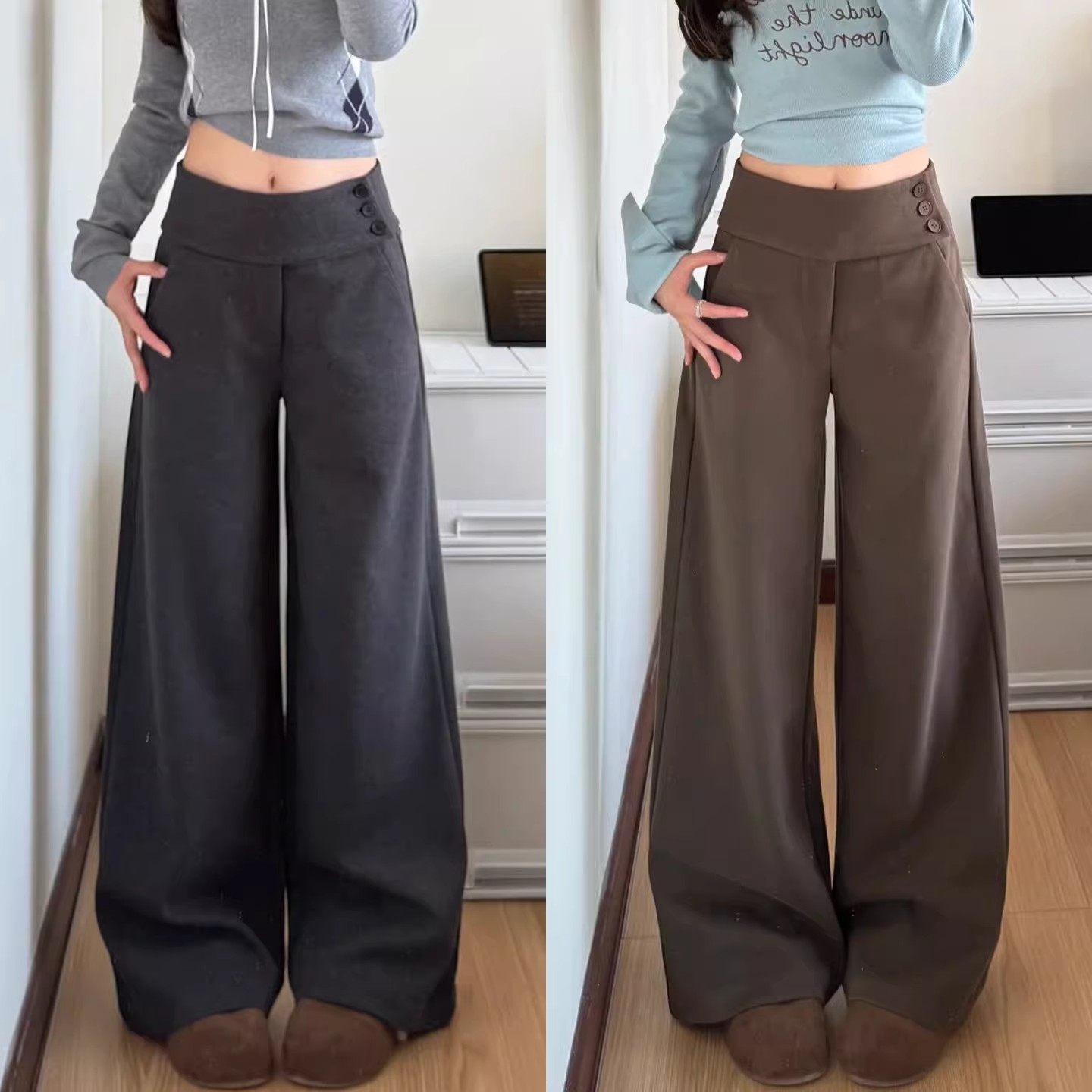 复古毛呢阔腿裤女秋冬2025新款小个子纽扣高腰显瘦百搭加厚西装裤