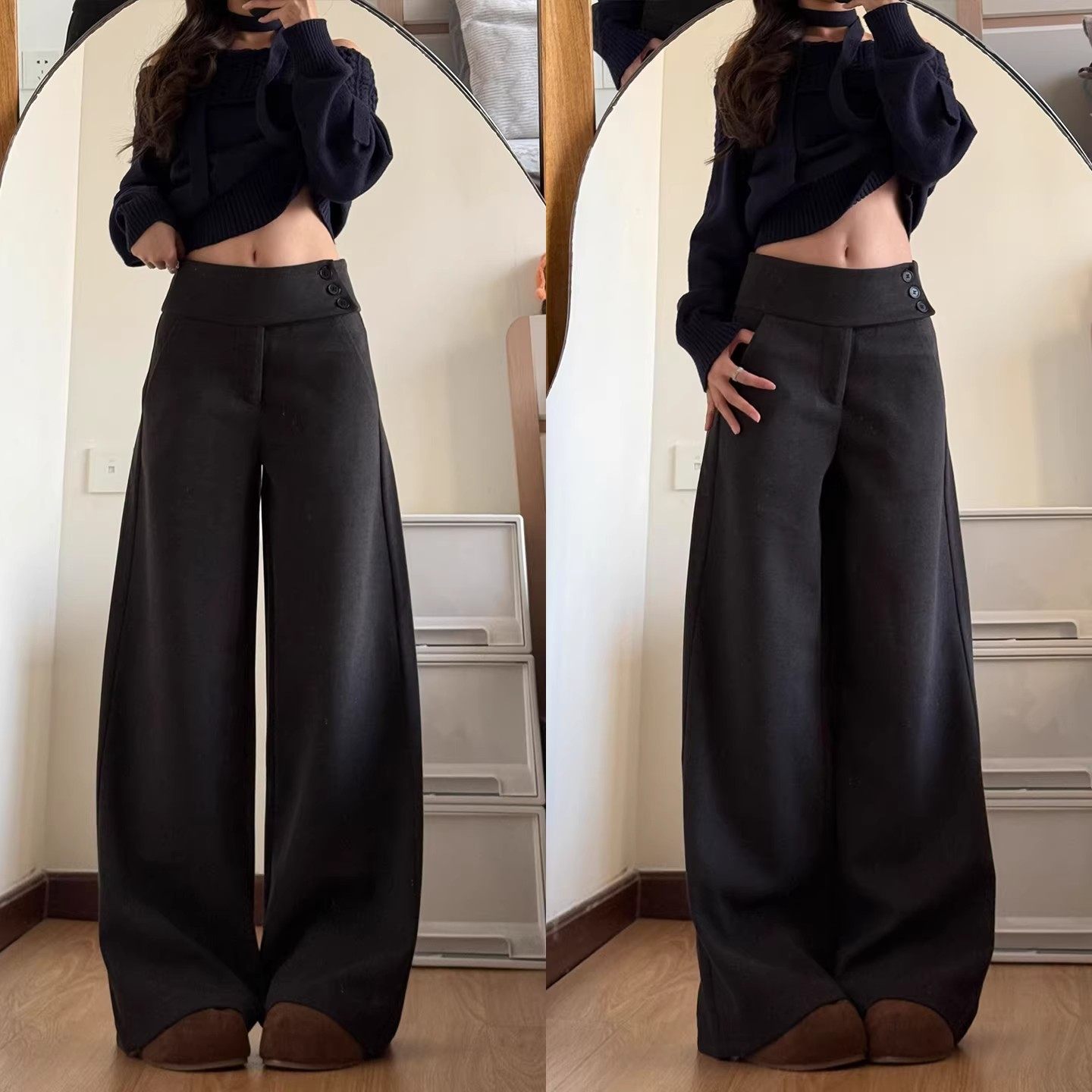 深灰色纽扣毛呢西装阔腿裤女秋冬季2026新款宽松显瘦小个子休闲裤