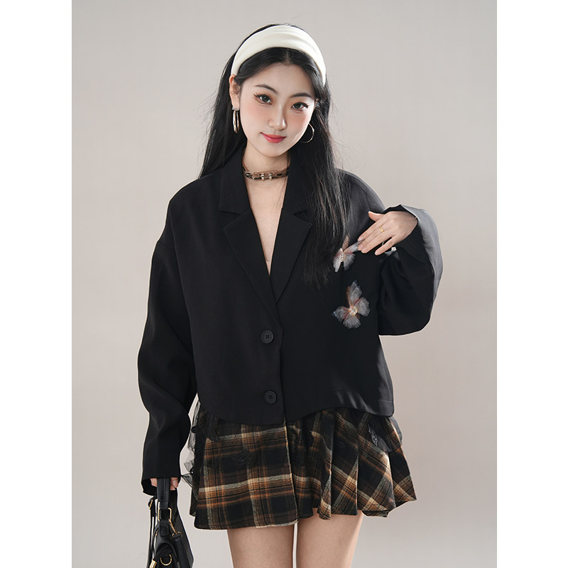 春季新款气质通勤显瘦高级感假两件西装外套拼接连衣裙子女