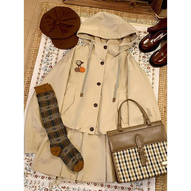 韩系时尚气质套装女秋季2025新款小个子短款连帽风衣半身裙两件套