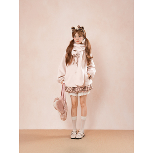 粉绒学院 甜美可爱围巾连帽毛呢外套+格子蕾丝拼接短裙套装两件套