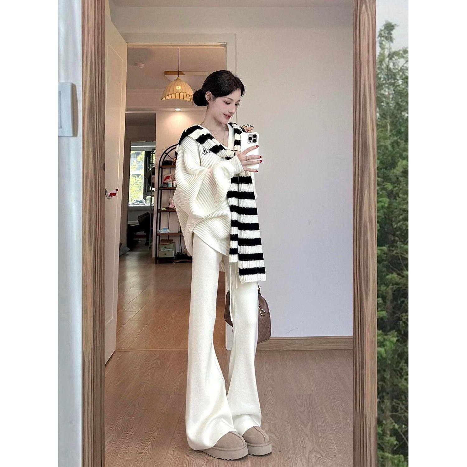 慵懒周末 休闲风宽松针织毛衣套装女韩系撞色披肩微喇长裤三件套