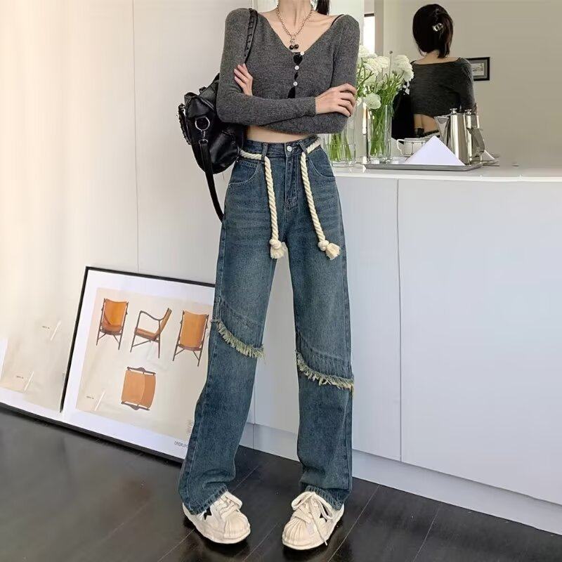 复古毛边牛仔长裤女生美式春秋大码高腰直筒裤抽绳辣妹阔腿拖地裤,女装/女士精品,牛仔裤,淘宝优惠券,粉丝福利购,淘宝优惠卷