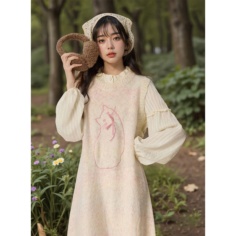 【甜心小姐】春季新款可爱甜美粉色背心连衣裙+衬衫两件套