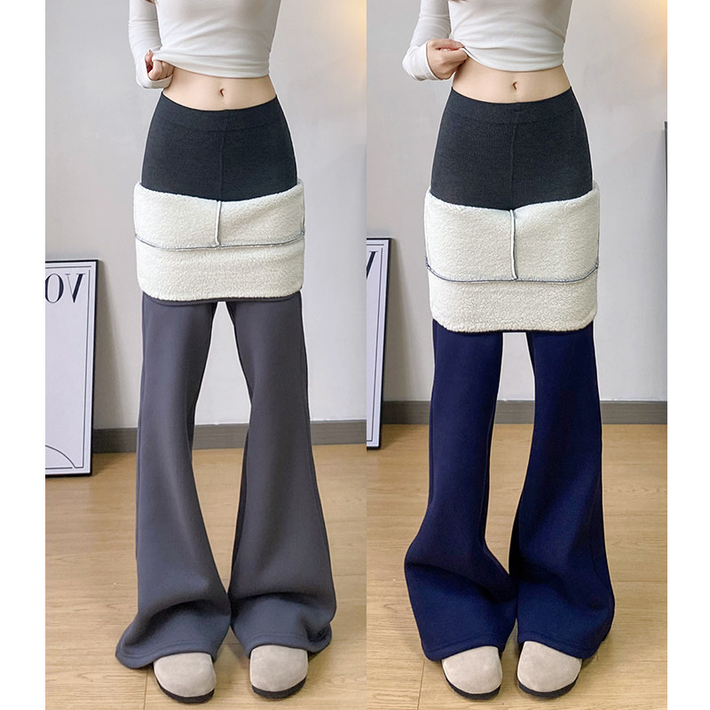 藏青色羊羔绒微喇运动裤女冬季2025新款加绒加厚保暖垂感休闲长裤