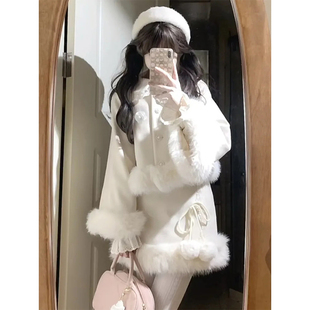 富家千金感小香风套装女冬季新款毛毛拼接短款外套+半身裙两件套