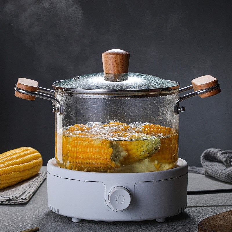高硼硅防烫隔热汤锅木珠玻璃盖玻璃蒸锅明火加热双耳木手柄炖汤锅