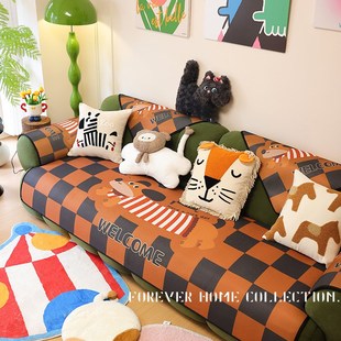 冰丝防滑沙发垫轻奢复古凉感皮沙发巾套新款 中古风夏季 卡通狗盖罩