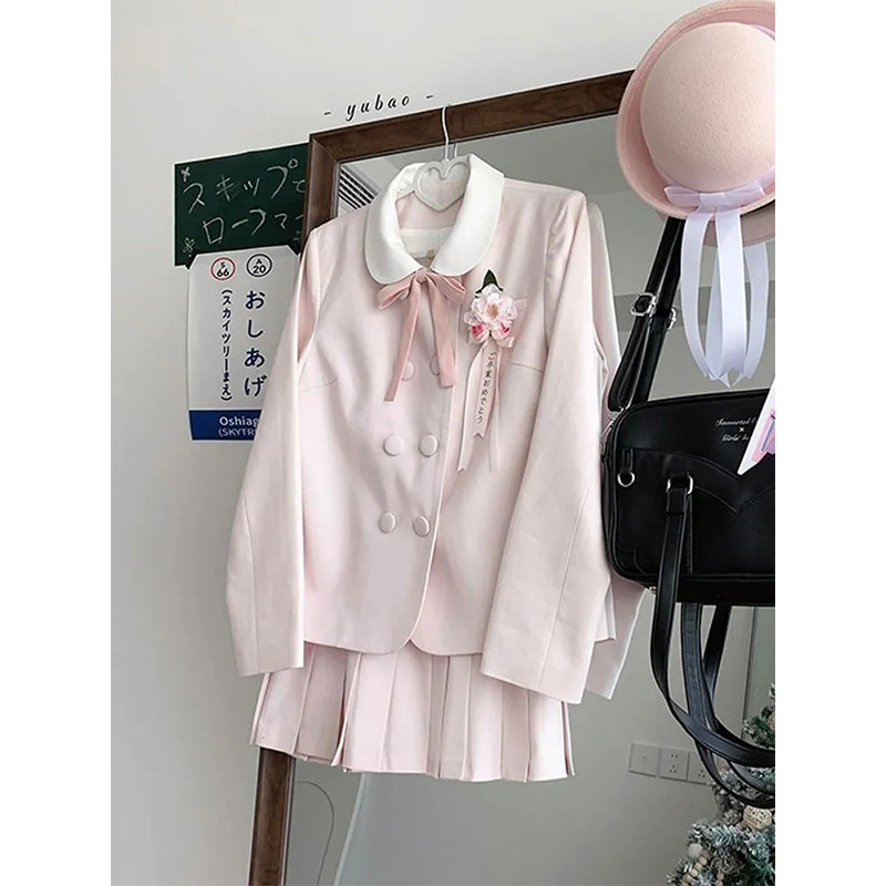 日系学院风JK制服套装裙女秋季新款粉色甜美西装外套+百褶短裙子