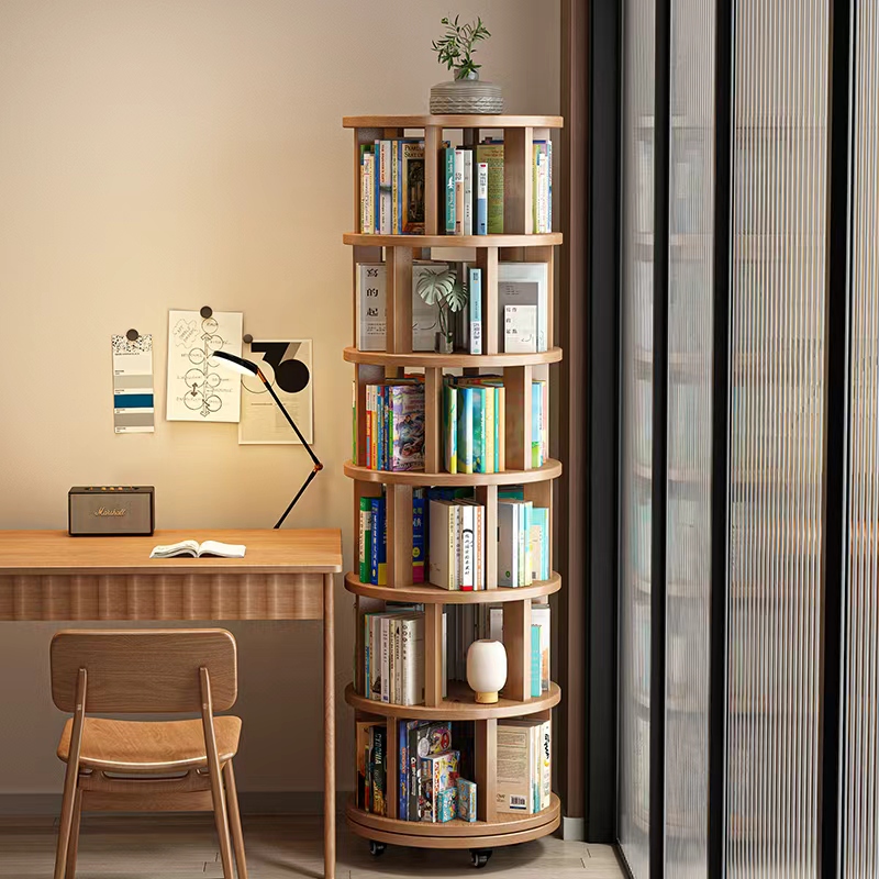 实木旋转书架360度书柜置物架落地一体靠墙角可移动转角柜小窄柜