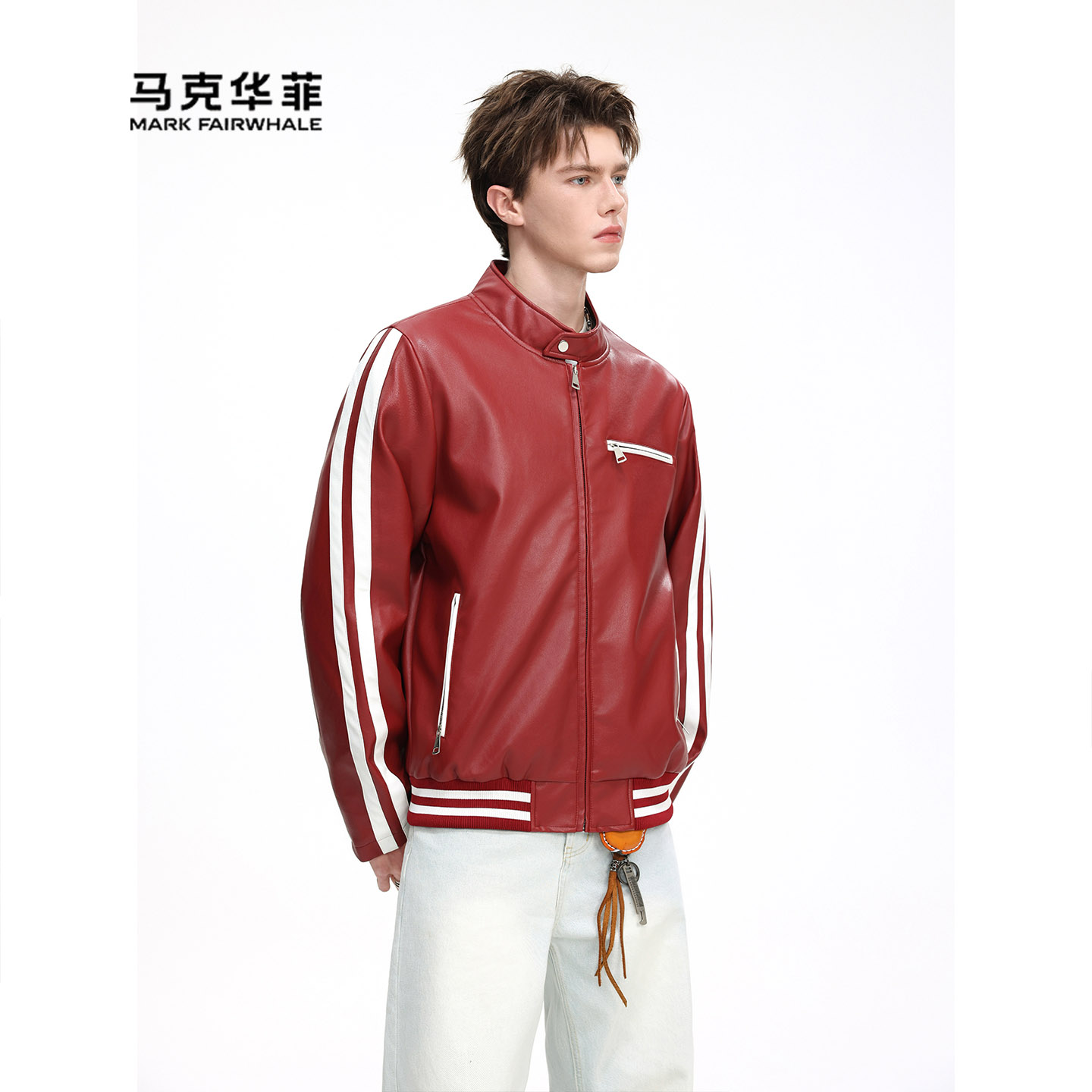 美式复古立领PU皮衣冬季条纹夹克