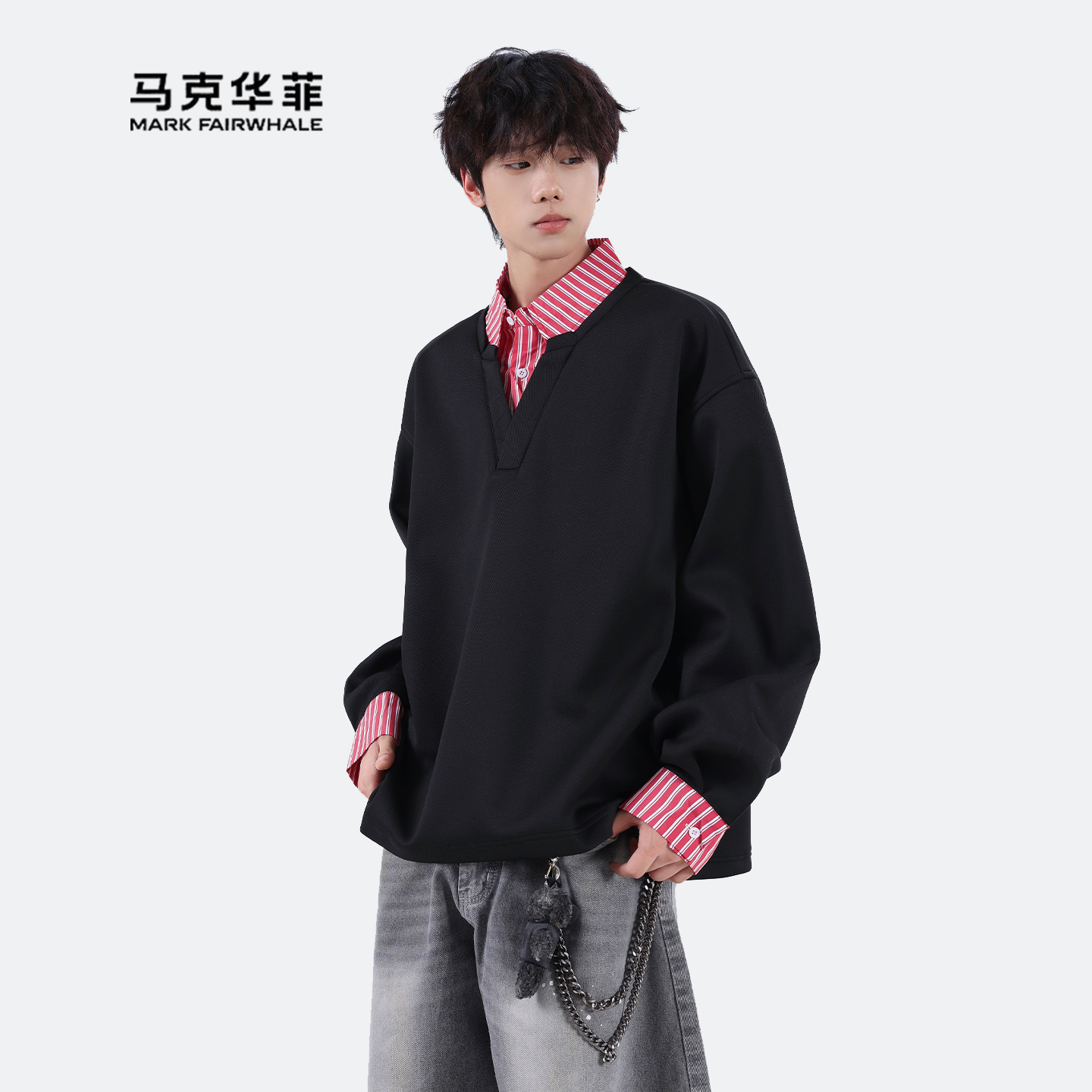 学院风假两件条纹拼接翻领卫衣男