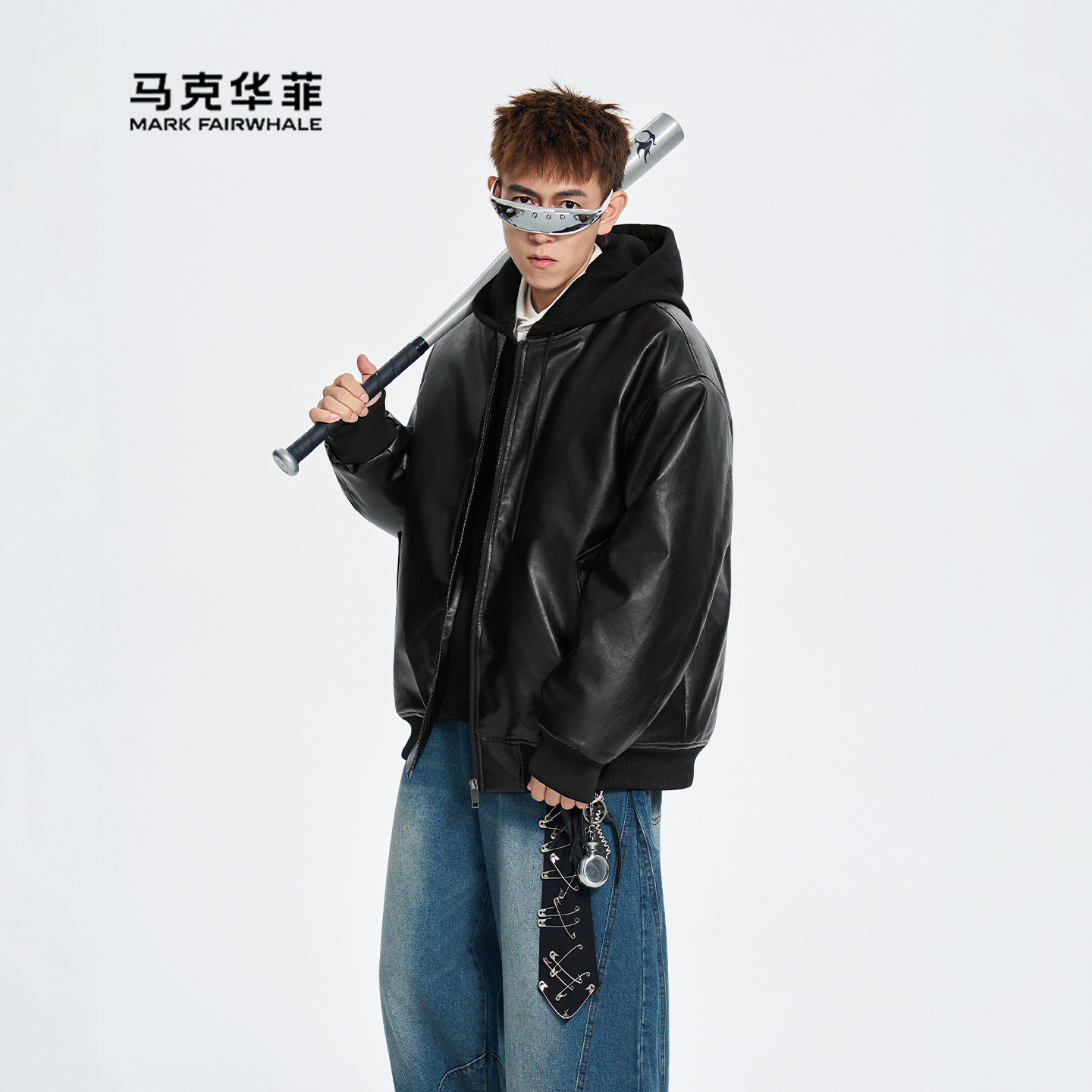 连帽假两件PU皮衣男宽松保暖棉衣