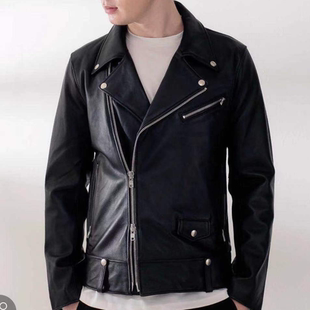 翻领修身 男士 黑色绵羊皮机车款 机车.春秋男士 真皮斜拉皮衣 经典