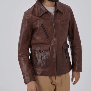 棕色报童.男士经典头层水染油蜡马皮复古翻领百搭直拉夹克