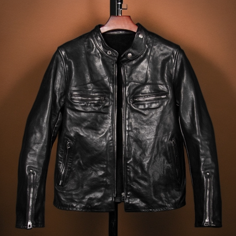 黑色马皮无内衬J100.男士咔叽复古时尚马皮立领修身短款男款夹克