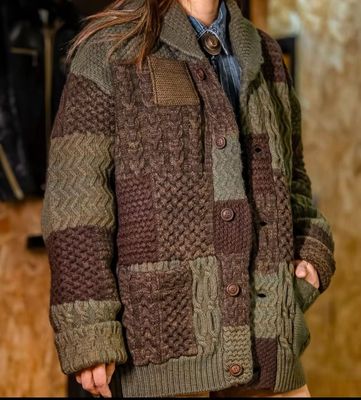 青果领开襟衫.新款秋冬羊毛100%针织混色复古阿美咔叽男毛衣开衫