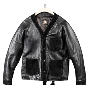 真皮休闲羊皮V字领棉皮衣 短款 羊皮V领棉服.新款 日系复古阔版