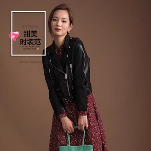 女水洗机车.女士机车重水洗纯水染绵羊皮黑色时尚复古休闲皮衣