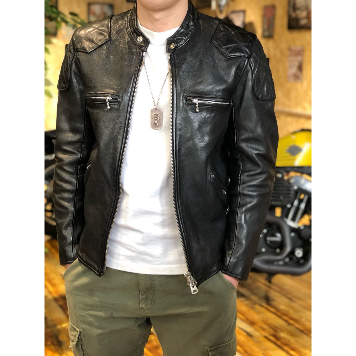 马皮小贝.男士春秋黑色水染百搭经典复古立领休闲时尚短款夹克