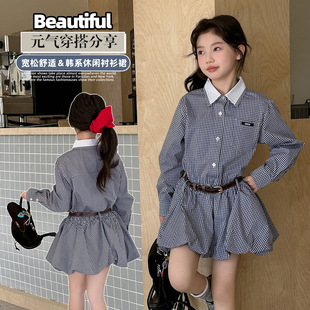 学院风双领格子衬衫裙女童长袖连衣裙春季新款中大童复古韩版百搭