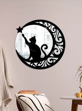JM1122立体创意双层月牙猫咪亚克力镜面贴家居背景墙装饰镜子墙贴