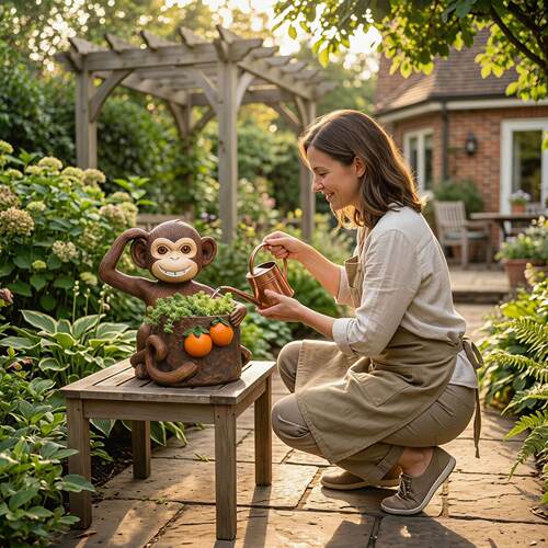 跨境新款 Little Monkey Sculptur庭院猴子花盆摆件花园装饰品