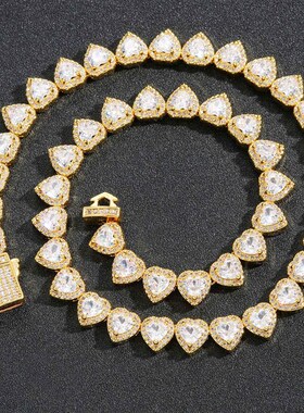 欧美跨境锆石项链嘻哈10mm爱心冰糖链弹簧扣百搭时尚男女嘻哈项链