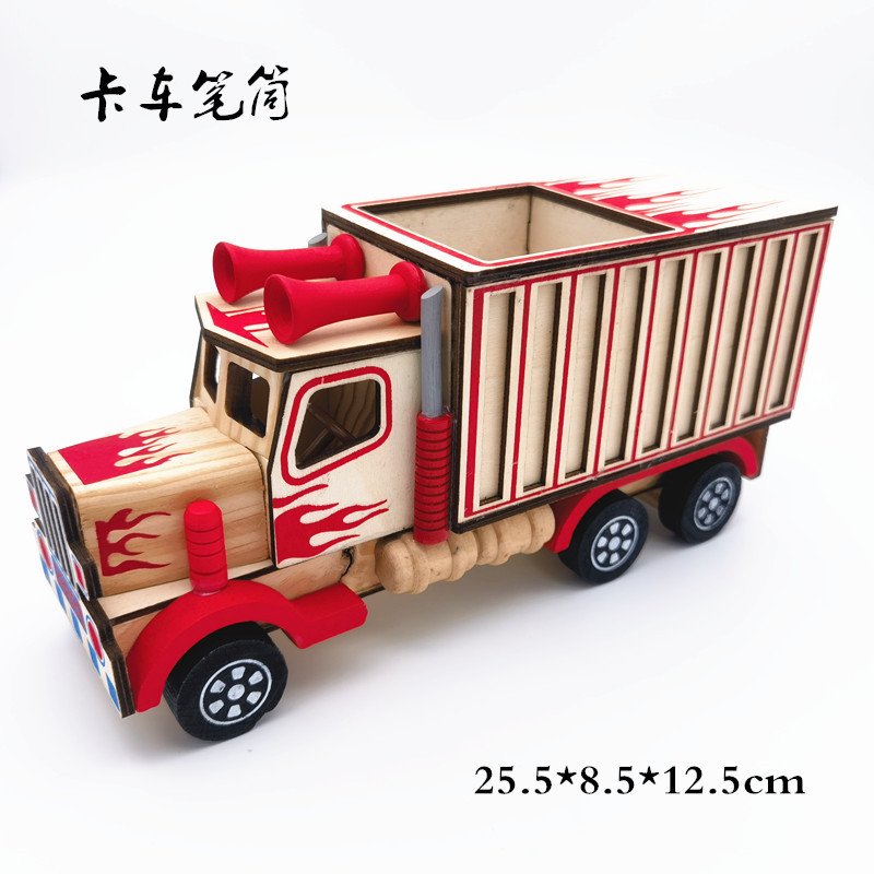 新款木质工程车创意仿真汽车模型卡车笔筒摆件装饰品木制玩具