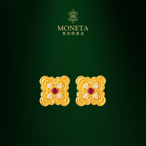 MONETA如意小花足金红宝石耳饰