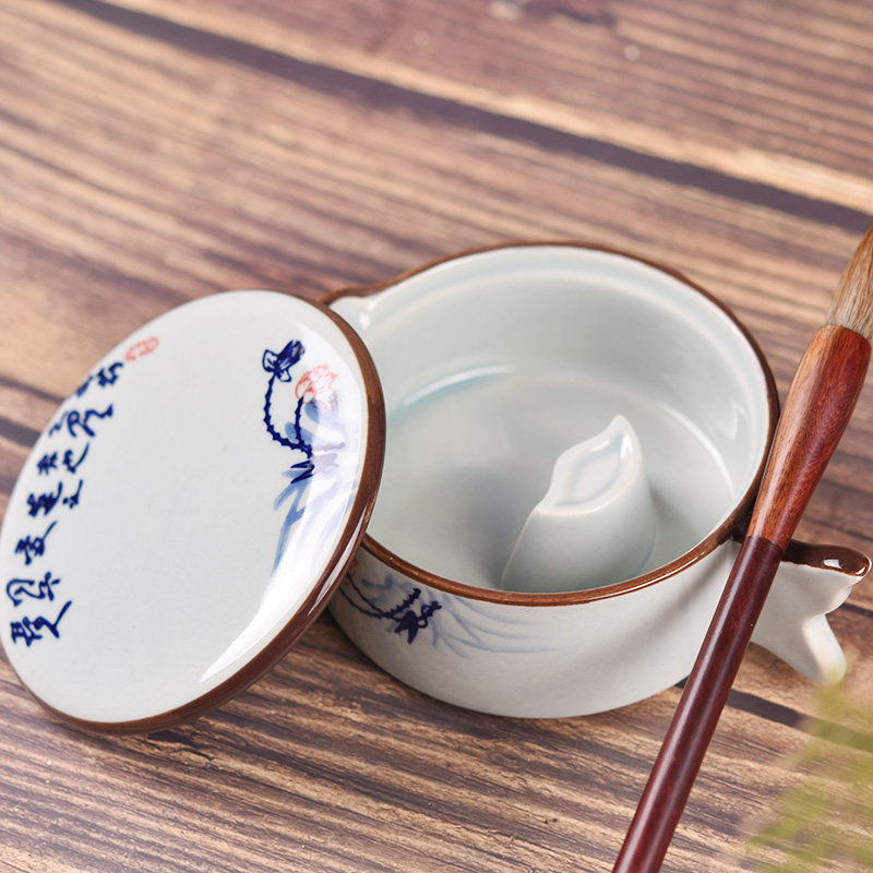 白色兰墨池 带盖砚台墨盘调色盘笔架笔搁笔洗送