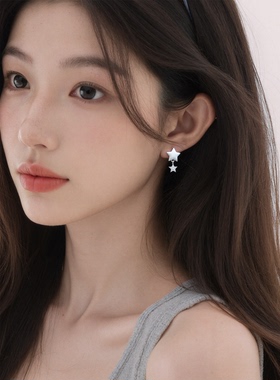 法式银色镶钻拉丝星星耳扣冷淡风轻奢高级感耳坠精致气质长款耳环