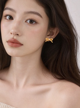 日系甜美金色蝴蝶结耳饰复古轻奢小巧耳环精致百搭少女感通勤耳钉